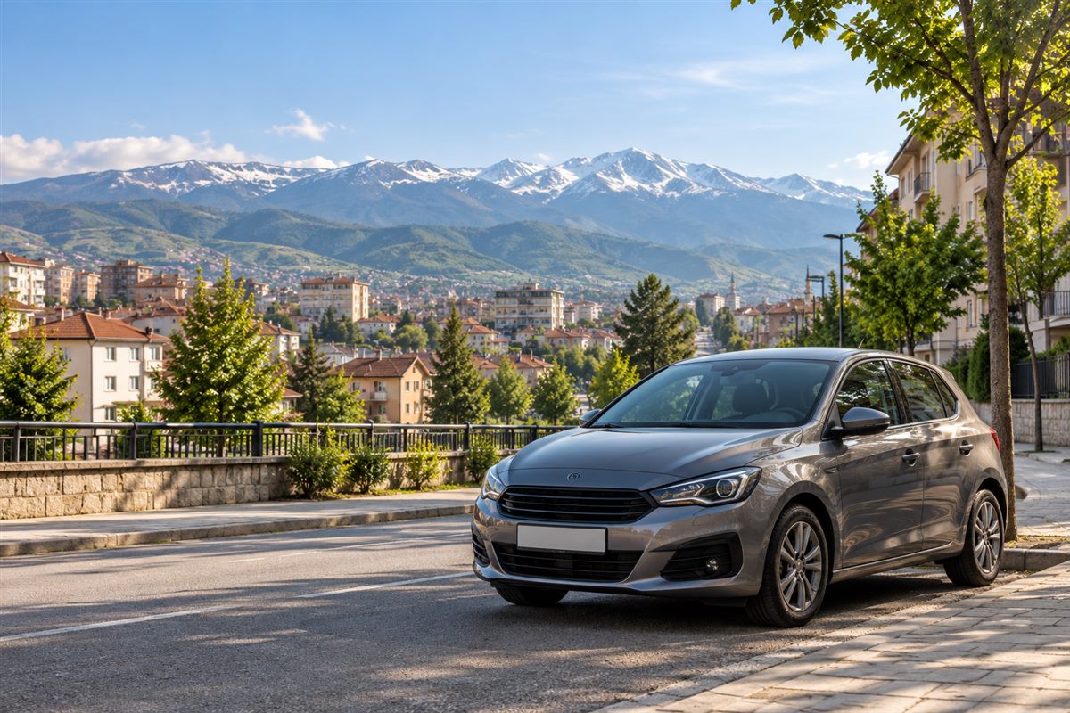 Veture rent a car e parkuar ne Ferizaj me qytetin dhe malet ne sfond