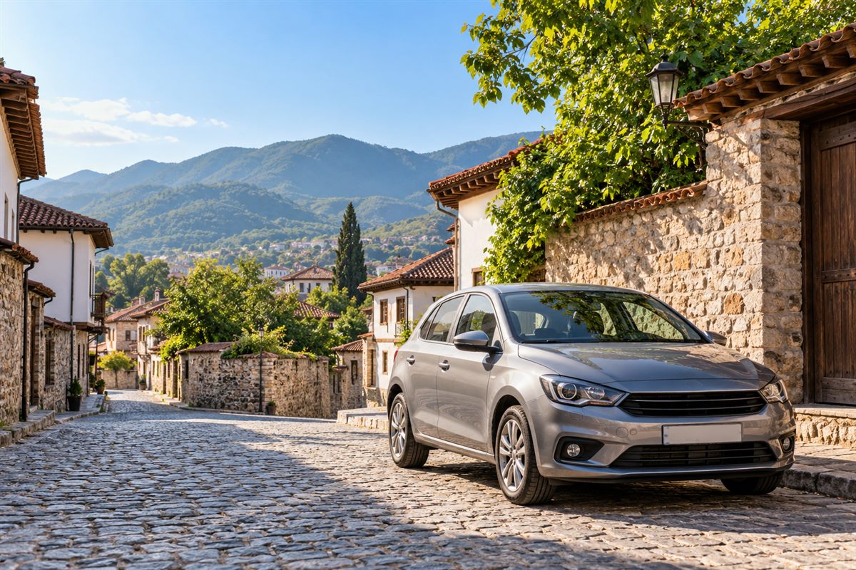 Veture rent a car ne nje rruge me kalldrem dhe arkitekture tradicionale ne Gjakove